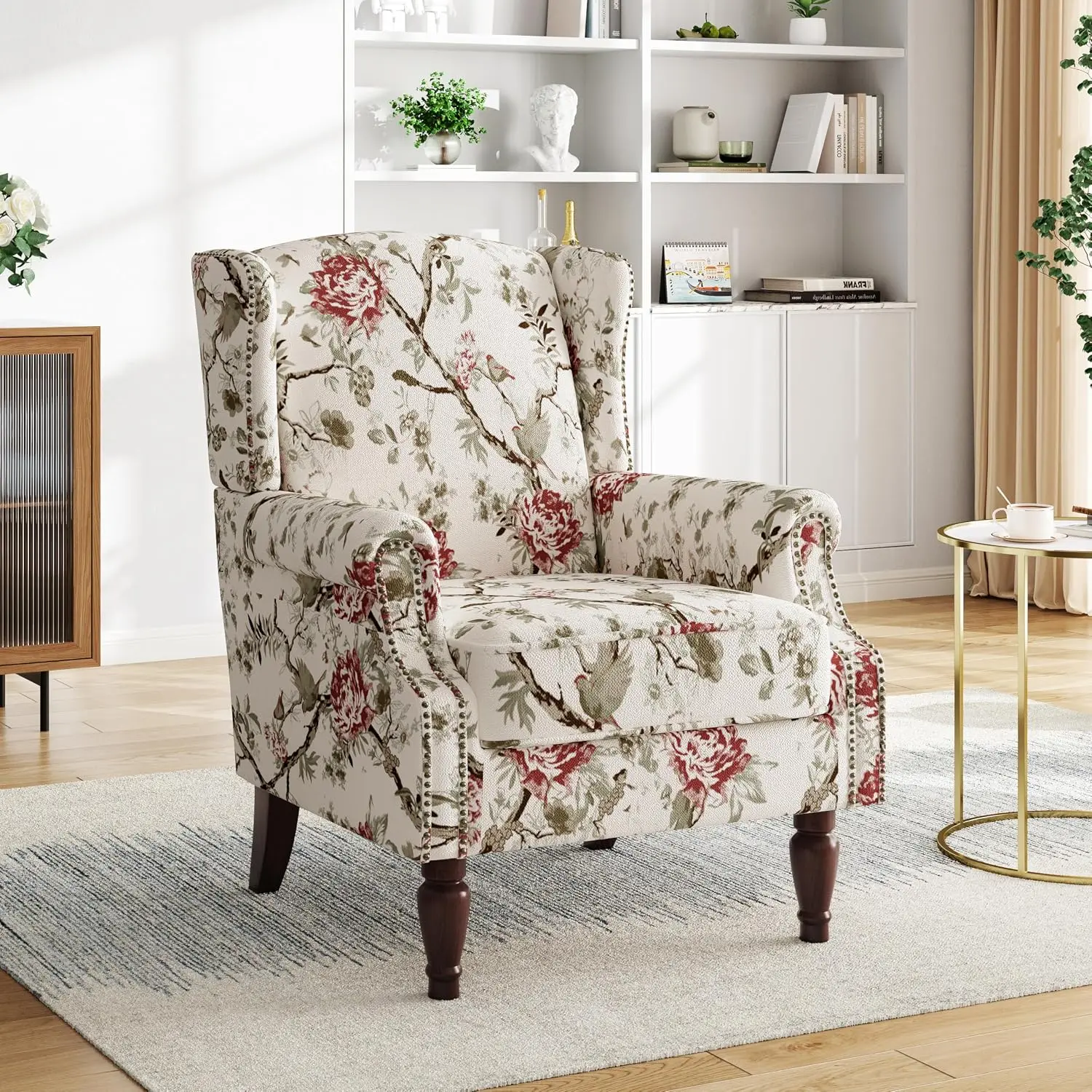 High Back Floral Wingback Chair Upholstered Nailhead Trim Wood Legs Fabric Living Room Bedroom Beige, Customized