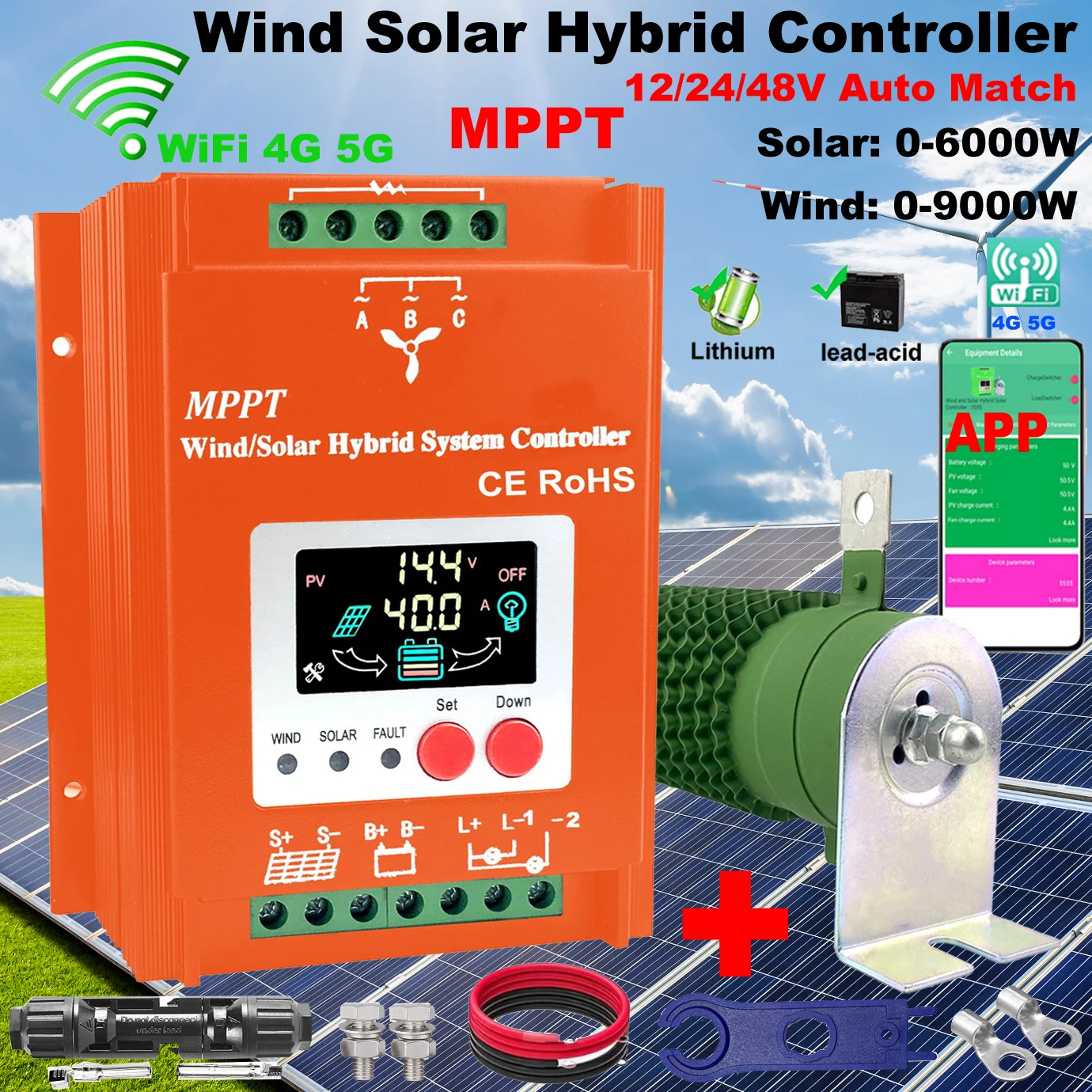 

NEW 12V 24V 48V Dual MPPT Wind Solar Charge Controller With WIFI Monitor For 4000W 5KW Turbine 8000W 11KW Solar Panel Regulator