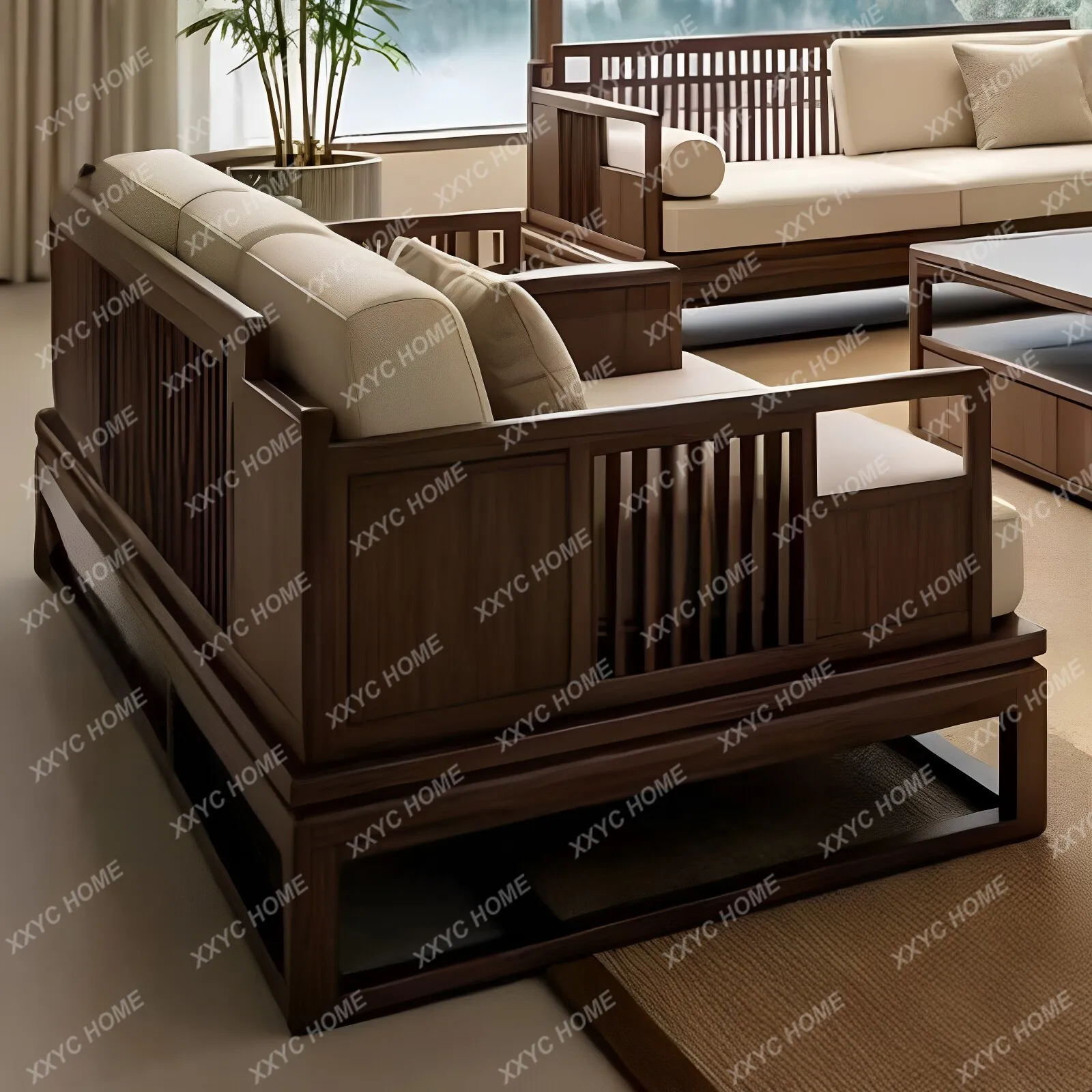 New Chinese hotel lobby B & B sofa combination solid wood frame sales office living room sofa coffee table furniture
