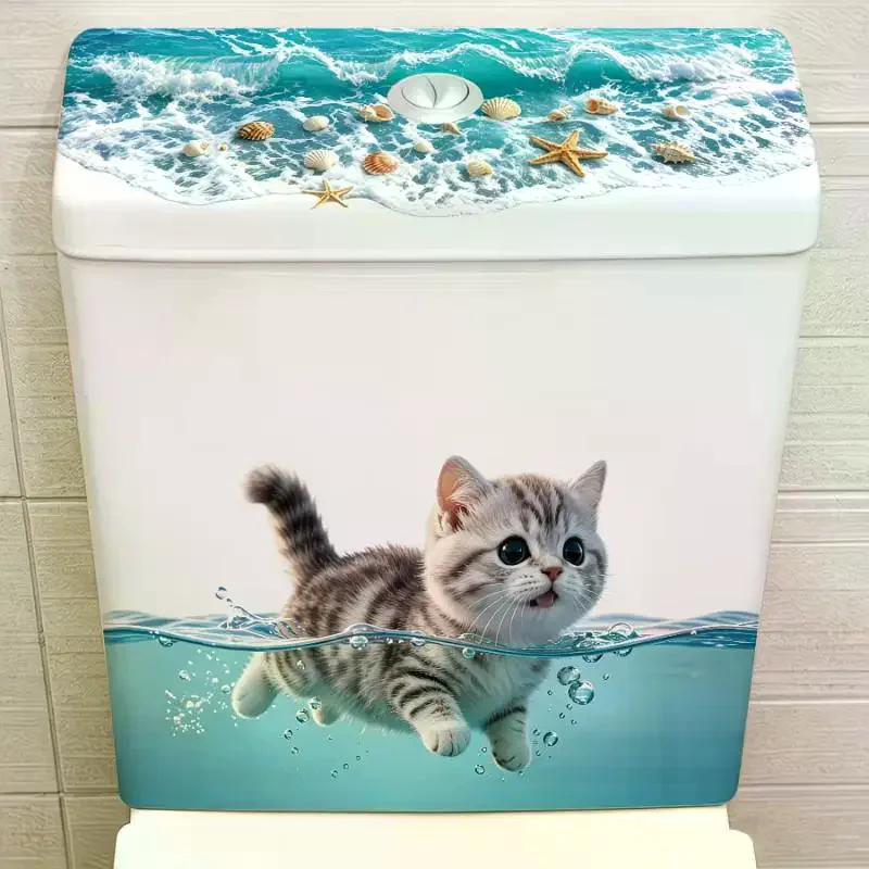 Cute Swimming Cat Toilet Sticker Waterproof Bathroom Wall Sticker Self-Adhesive Removable Decals Home Decor Fun