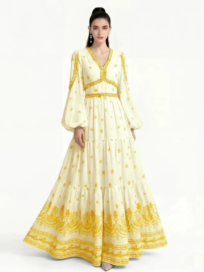 Fashion Floral Print Boho Dress Autumn Clothing Women 2026 Lantern Sleeve V-Neck Maxi Long Dresses Holiday Evening Party Dress