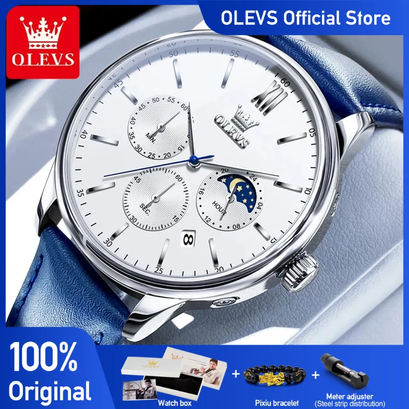 OLEVS-Montre Chronographe Multifonctions pour Homme, Classique, Trois Petits Cadrans, Étanche, Bracelet Cuir, Phase de Lune, Date