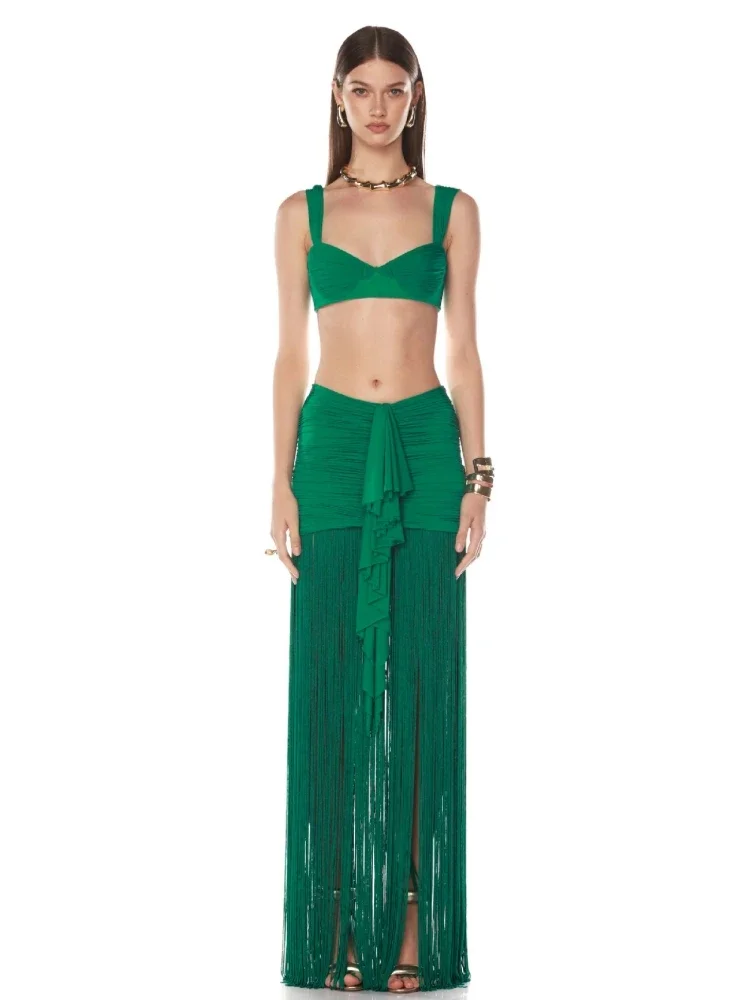 

Elegant Green Two Piece Set Sexy Straps Folds Crop Top + Tassel Ruch Long Skirts Dresses Suits Beach Runway Evening Party Sets