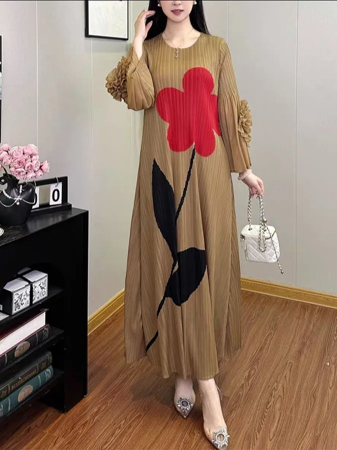 Ele Long A-Line Dr con gonna a pieghe Bell Sve round Ne Cross-Border plus Size Stampa floreale da donna Vestibilità ampia Dr