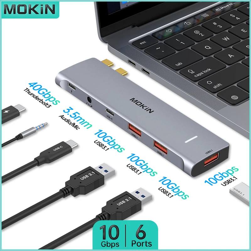 

MOKiN 6 in 2 USB HUB Docking Station for MacBook Air Pro iPad-10Gbps USB3.1,Type-C 3.1,PD 100W,Audio Thunderbolt3 Laptop Adapter