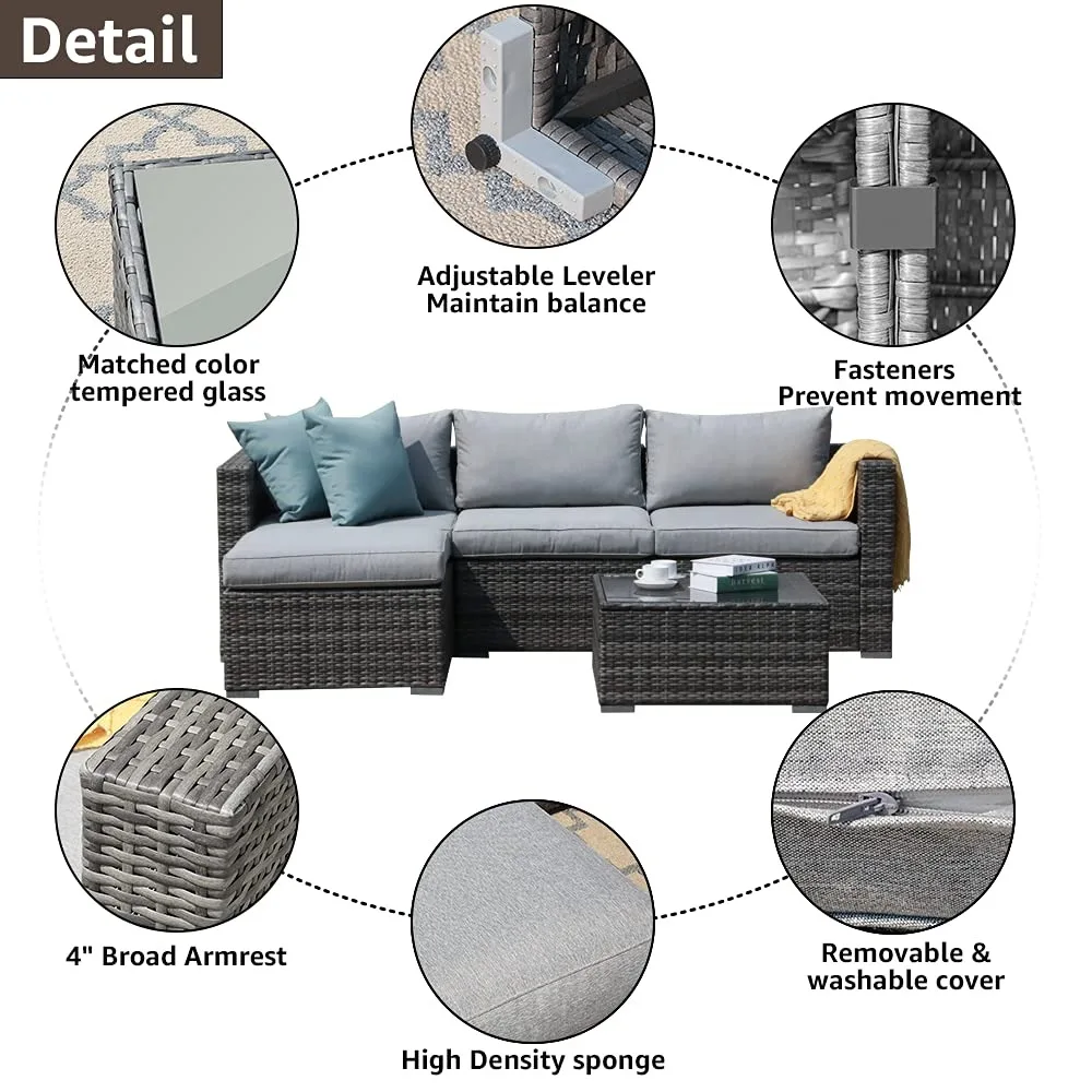 Ensemble de meubles d'extérieur en PE gris avec coussins légers, conversation sectionnelle, tous temps, jardin, piscine, WUNICEF, 5 pièces