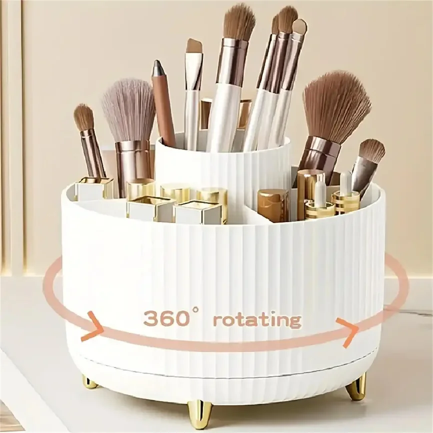 

360° Rotating Makeup Organizer - 1pc Plastic Cosmetic Storage with 5 Compartments - Multi-Functional Holder for Brushes