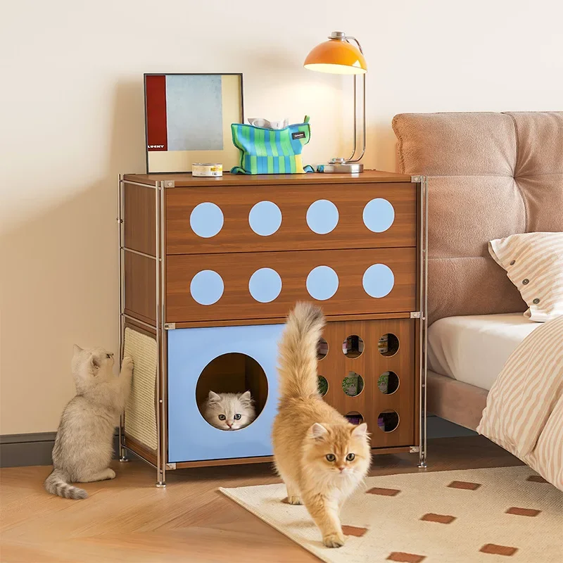 #Tri-Functional Cat House with Litter Box & Storage,Human-Pet Shared Furniture,Cat Tree Hut,Indoor Cat Den,Multi-Level Cat Villa