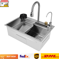 Wire Drawing Silver Kitchen Sink Set| Waterfall Kitchen Sink w/ Pull Out Faucet,Cup Washer| 75*35*21cm