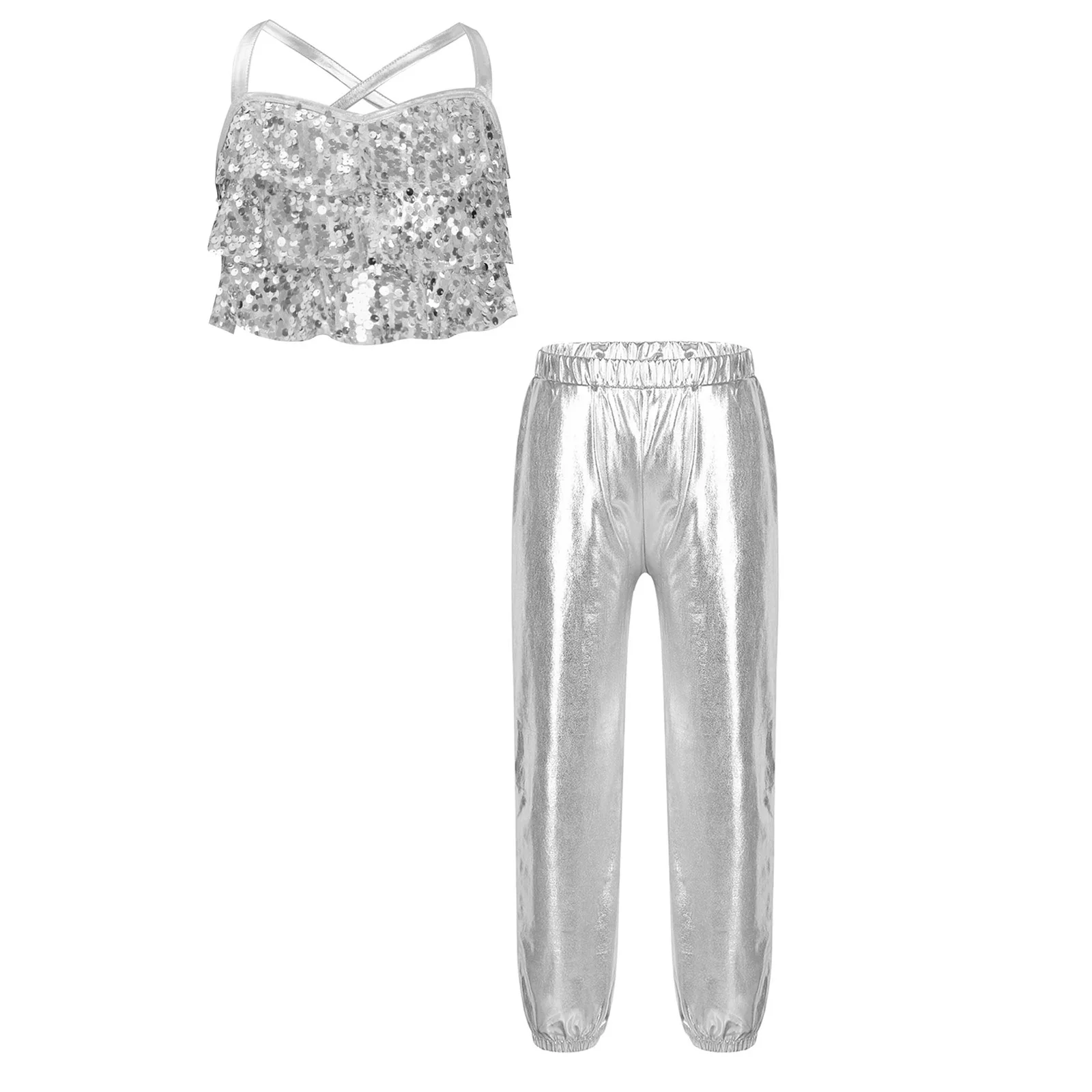 

2Pcs Kids Girls Jazz Dance Costume Glittery Sequins Tiered Ruffles Cross Back Metallic Crop Top+Metallic Dance Pants Streetwear