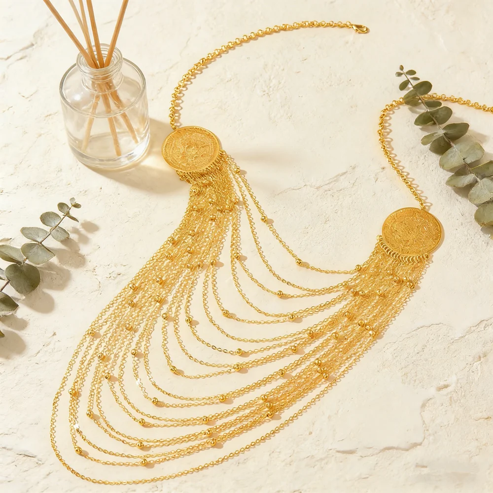 Luxury Golden Multi-Strand Tassel Necklace With Layered Beaded Jewelry For Women Ethnic Style Wedding Outfits