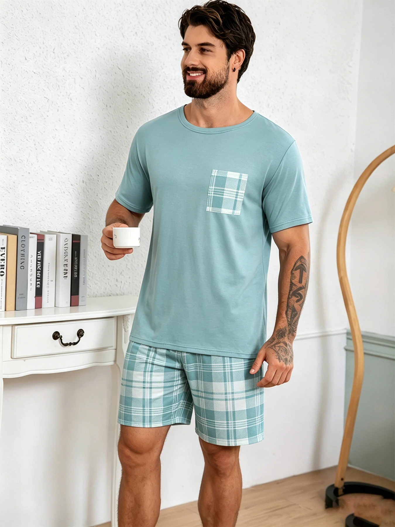 Pyjama-Set mit Buchstaben-Bär-Aufdruck, kurzärmliges Oberteil und lockere Shorts, atmungsaktiver Stoff, große Passform, Herren-Loungewear, Nachtwäsche, Pjs – Detail 13