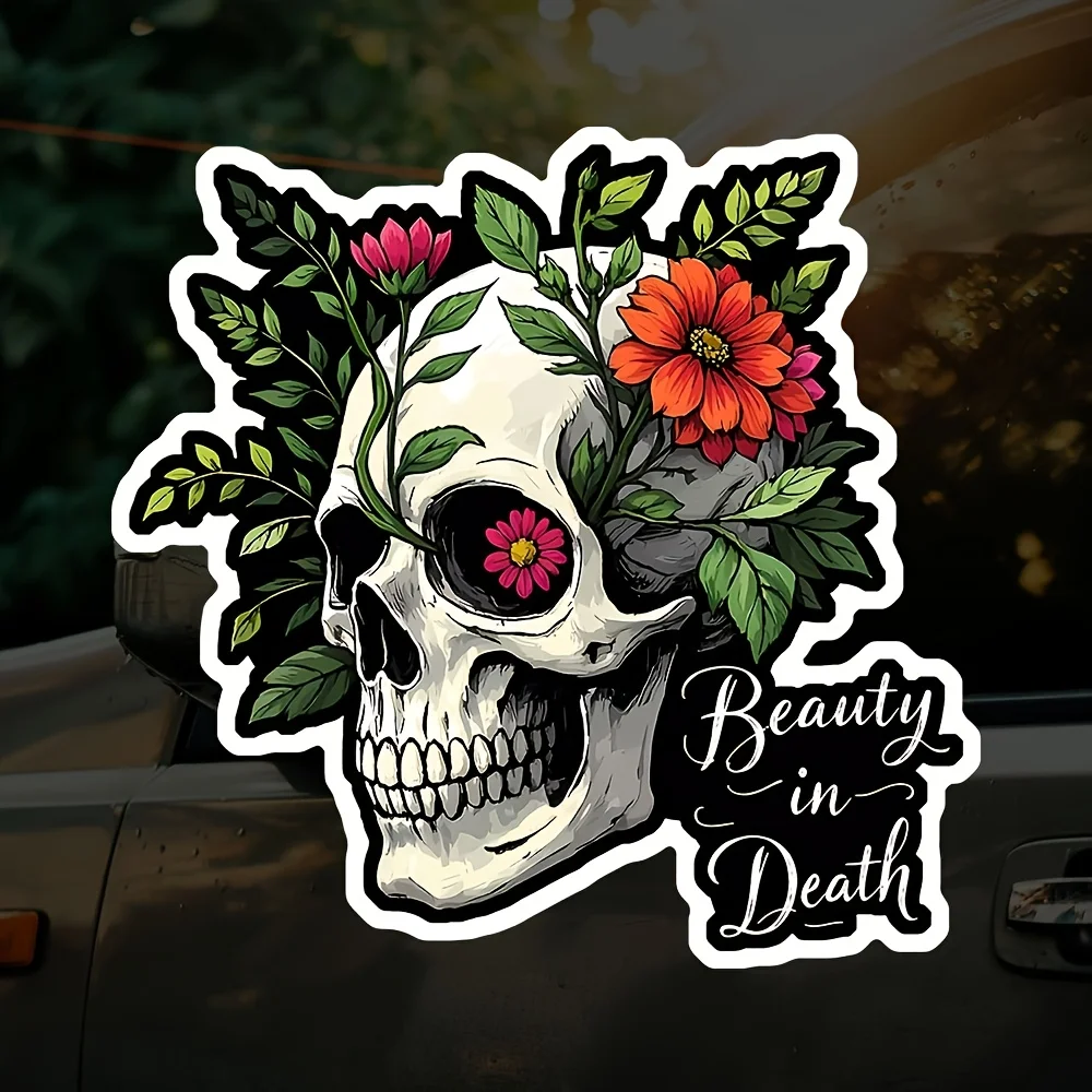 Retro Gothic Floral Skull Car Stickers Vinyl Decal - 1pc 2D Flat Matte Black and Red Floral Design Waterproof Durable  Adhesiv