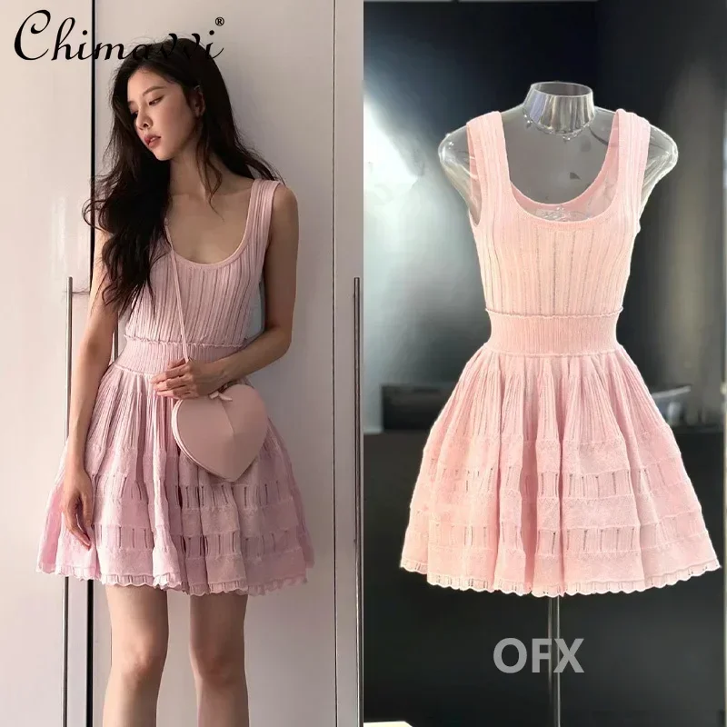 Fashionable Pink Sleeveless Sling Dress for Women Sweet Girlish Waist-Tight Elegant Above Knee Knitted Vest Dresses Summer New