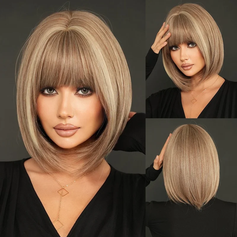 Short Bob Wig Brown Blonde mix Beige Highlight Full Head Fashion Sythenic Wigs