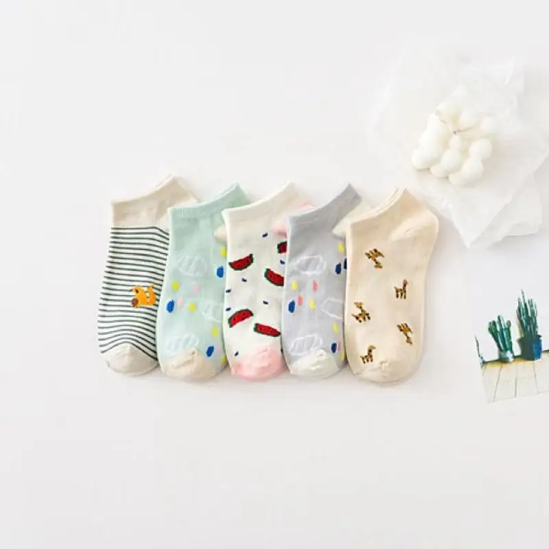 5 pairs of summer light and fresh striped fruit women's boat socks do not come off Easter and Valentine's Day