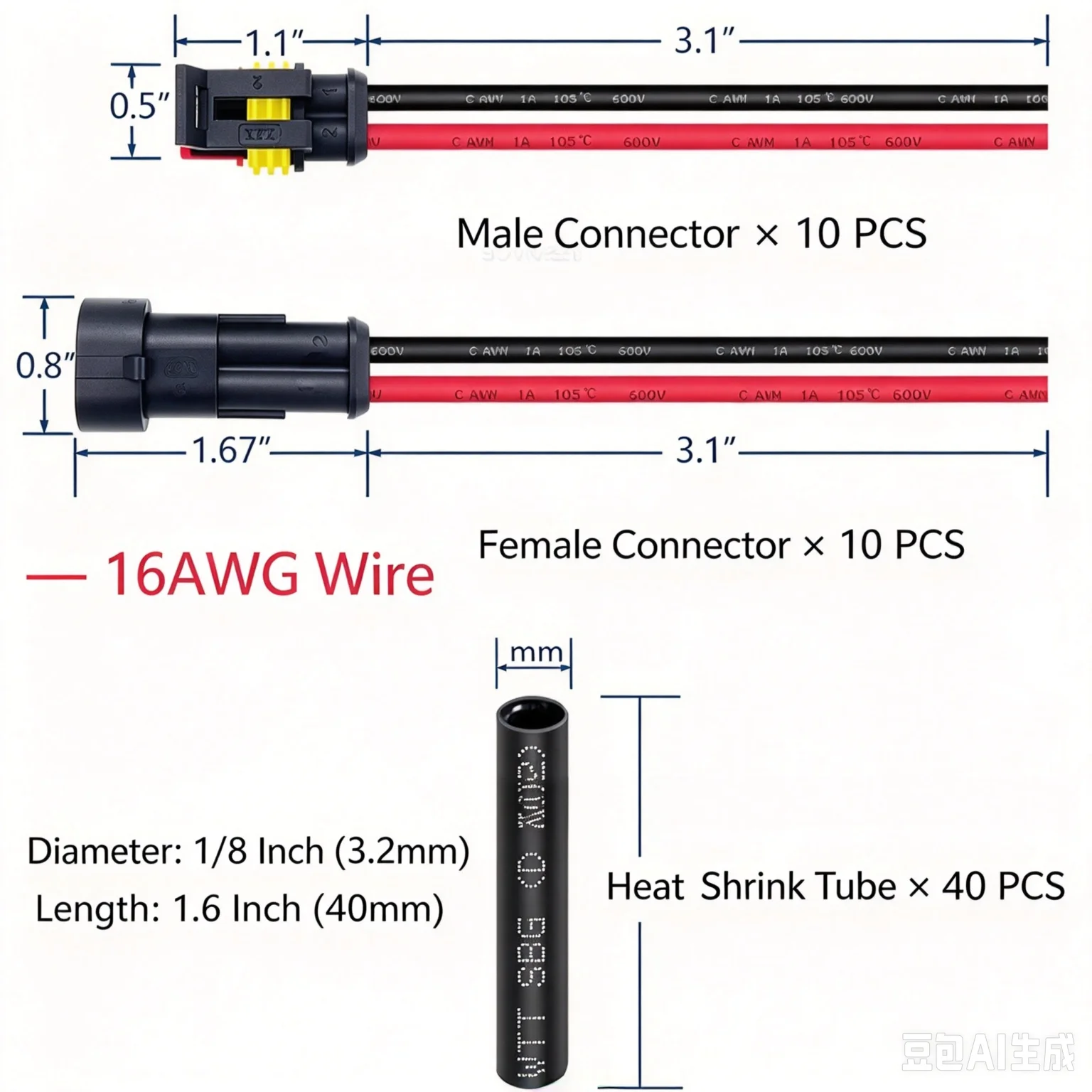 10Sets Boxed 2Pin Automotive Waterproof Connector Kit, HID Male Female Pre-wired Wire Harness Plug Electrical Connector