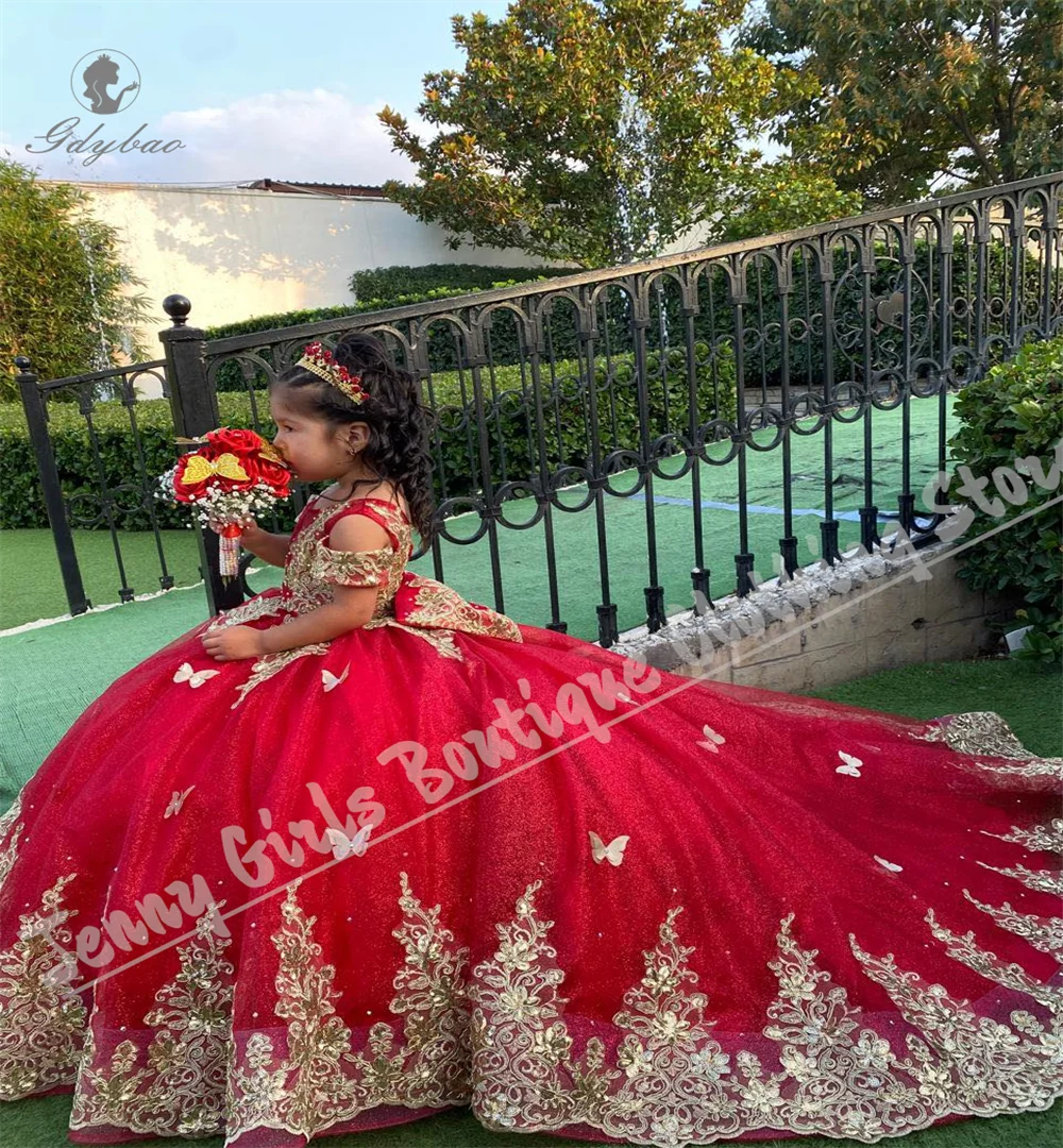 Luxurious Red Flower Girl Dress Fluffy Gold Lace Bow Children's Party Dress For Communion Banquet Performance Custom