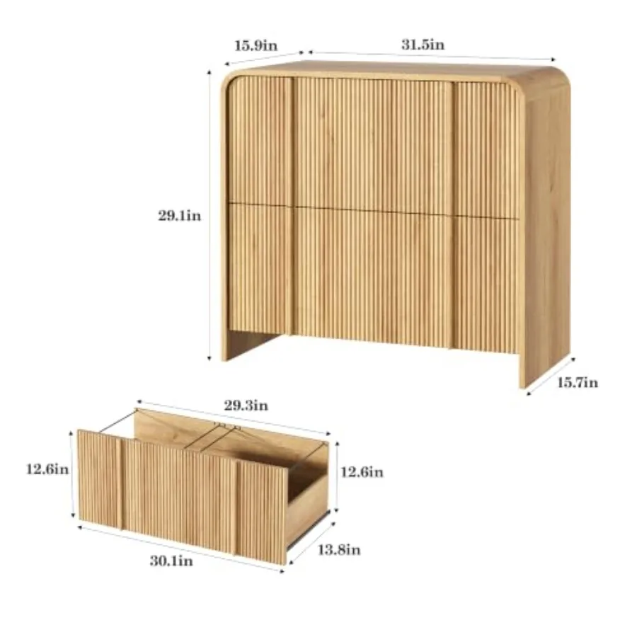 Lateral File Cabinet with 2 Drawers, Modern Fluted File Cabinet with Adjustable Hanging Rod for Letter/Legal/A4, Large Office W