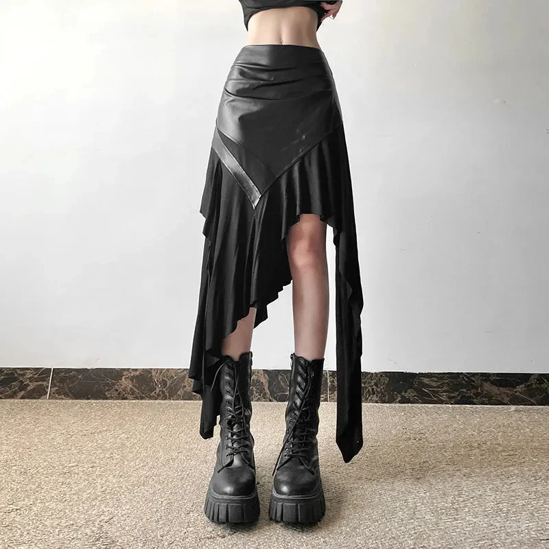Irregular Ruffles Midi Skirt Women Vintage Pu Leather Patchwork Hottie Skirts High Waist Streetwear Harajuku Retro Y2K Skirt New