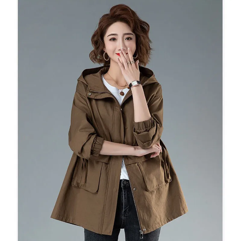 

2023 New Autumn Women Jacket Casual Basic Coat Pocket Zipper Jackets Long Sleeve Female Windbreaker Loose Hooded Outwear 5XL 311