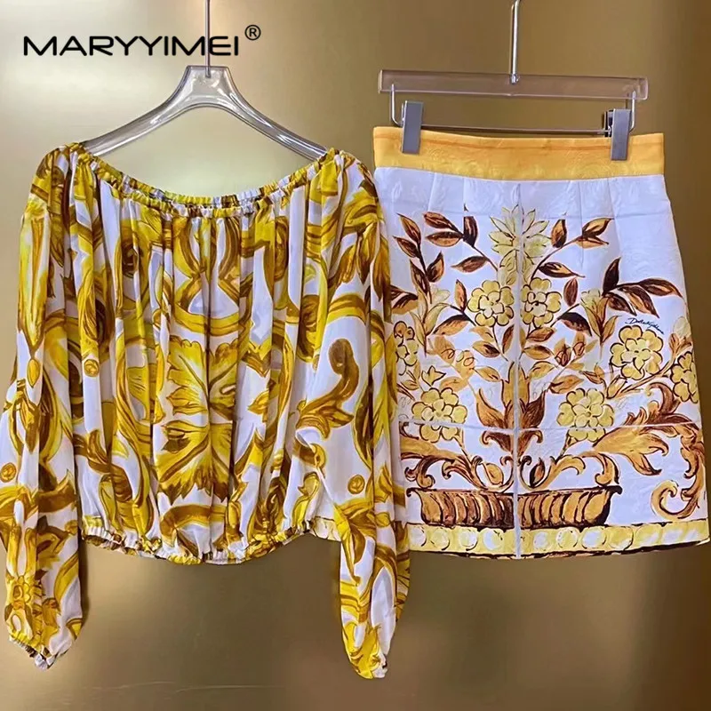 MARYYIMEI Spring Summer Women\'s Suit Cotton Short-Sleeved Folds Tops+Cotton Baroque Print Half Skirt Two Piece Set