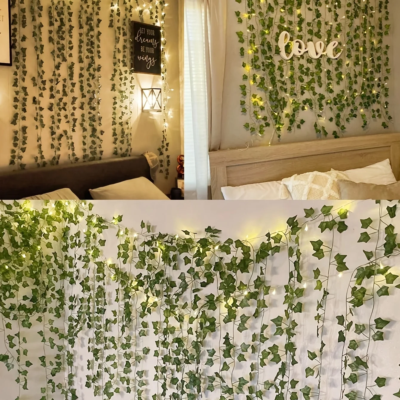 Artificial Ivy Vine LED String Lights Green Leaf Garland Wall Hanging Curtain Bedroom Home Decor Fairy Lamp