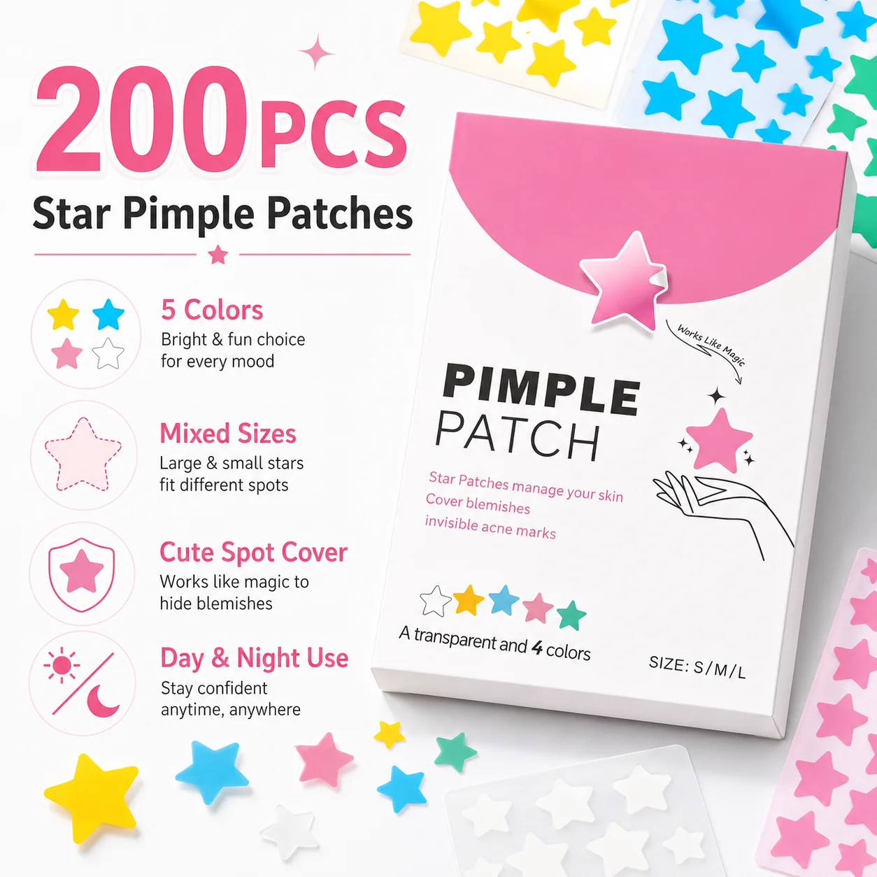 200PCS Star Shape Blemish Patch Invisible Clear Spot Cover Patches White Pink Green Blue Yellow Face Stickers for Daily Skin Car
