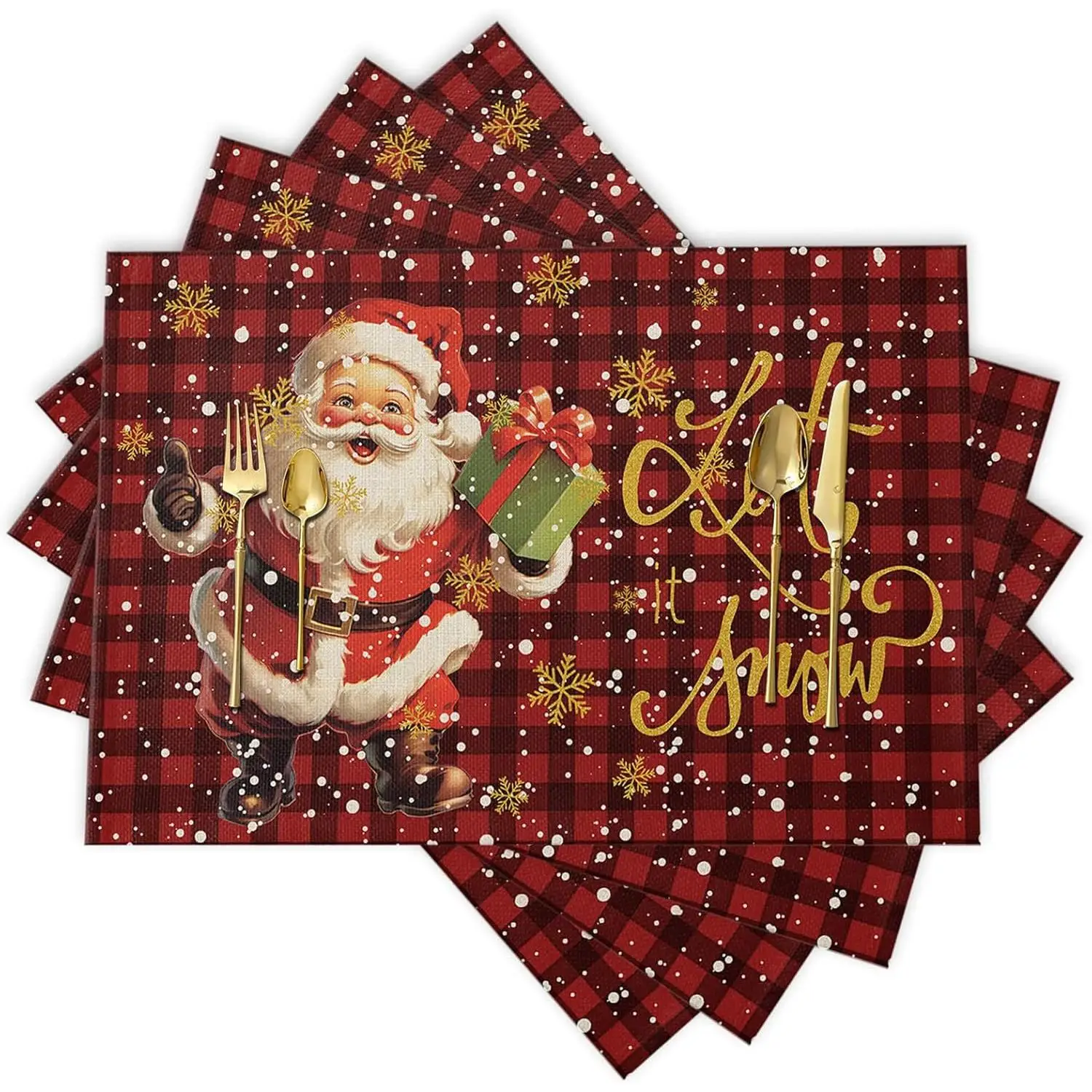 Placemats for Dining Table Set of 4 Christmas Santa Claus Snowflake Red and Black Buffalo Plaid Table Mats for Home Kitchen