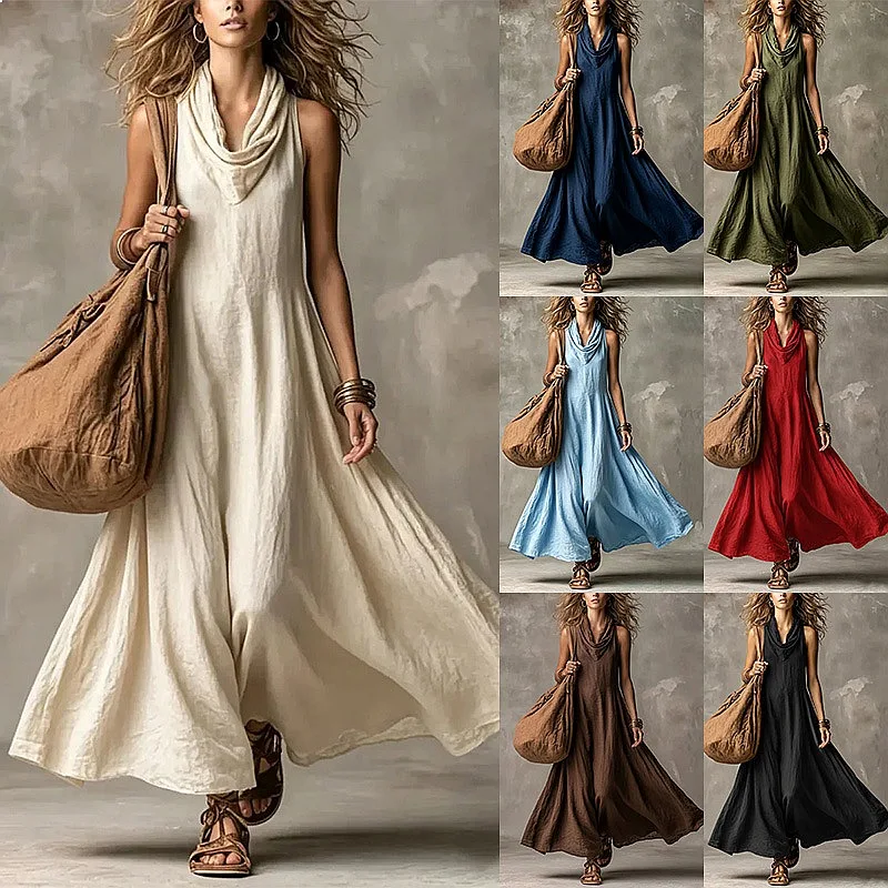 

Elegant Cotton Linen Dresses Spring Summer Casual Vacation Flowy Midi Dress Women Loose Boho Sundress