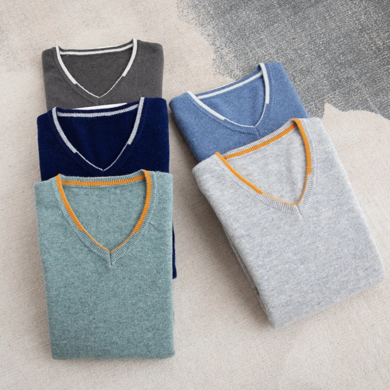 

2025 Spring/Autumn Men's New Cashmere Sweater V-Neck Long Sleeve Pullover 100% Merino Wool Knit Business Casual Sweater Clothing