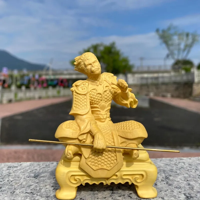 Boxwood Carved Monkey King Sun Wukong Figurine Art Crafts, Home & Office Decor, Living Room Desktop Ornament