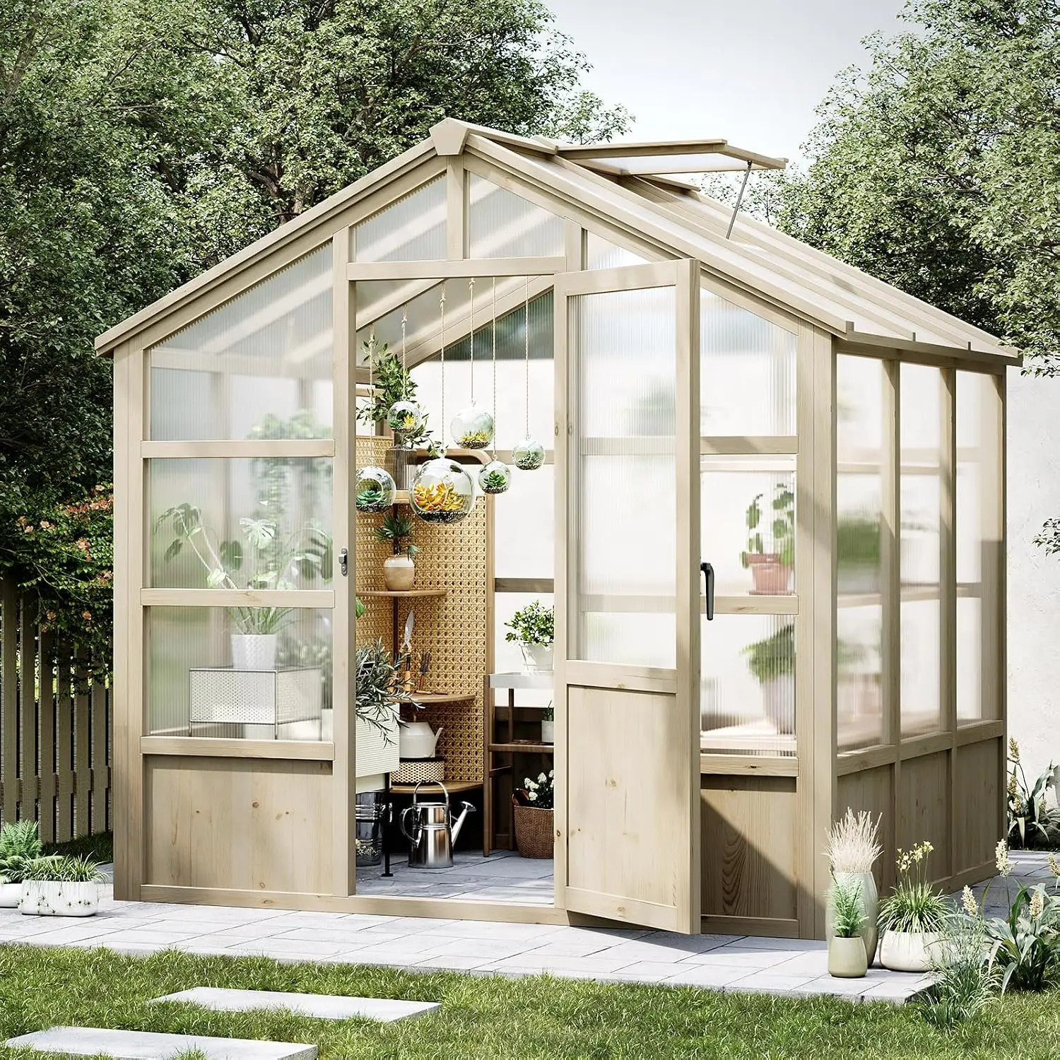 8x6 ft Wooden Greenhouse, Greenhouses for Outdoors with Lockable Door, Wood Frame & Adjustable Vent, Heavy Duty Greenhouse