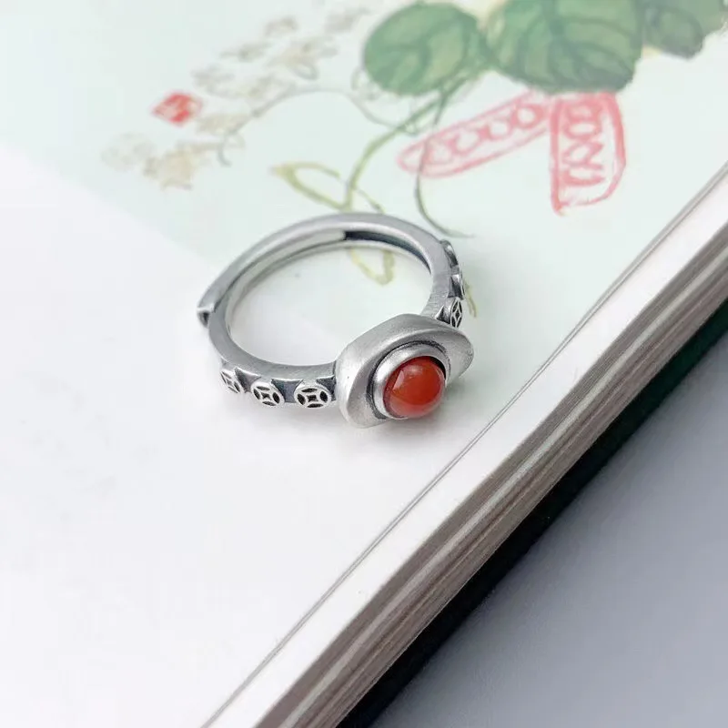 Silver Color Imitate Jade Stone Southern Red Agate Ring Earrings Palace Chinese Style Classical Yuanbao Shape Ring Jewelry Gift