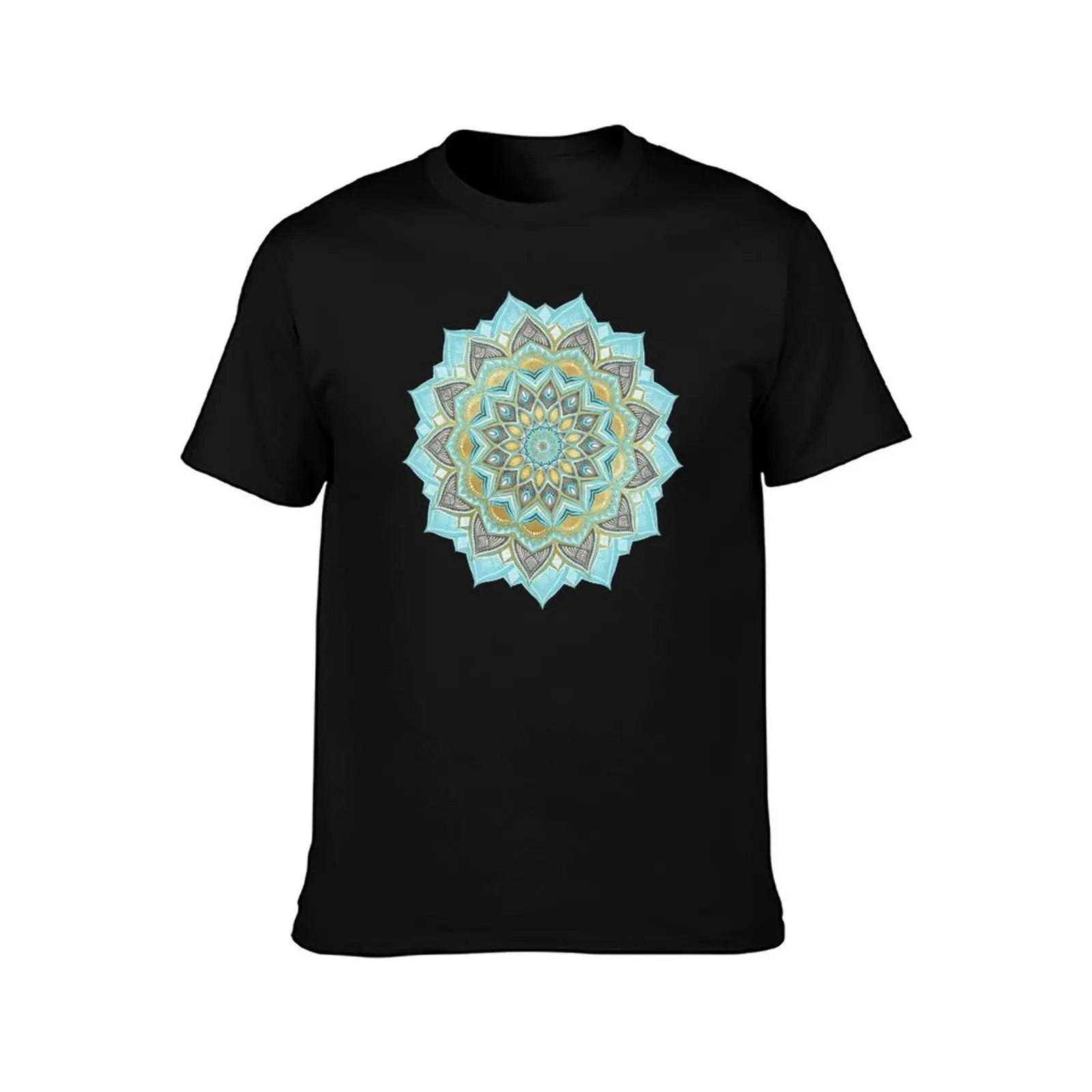 Cyan & Golden Yellow Sunny Skies Medallion T-Shirt, Summer Casual Cotton Tee, Oversized Streetwear Tops, Vintage Graphic Print