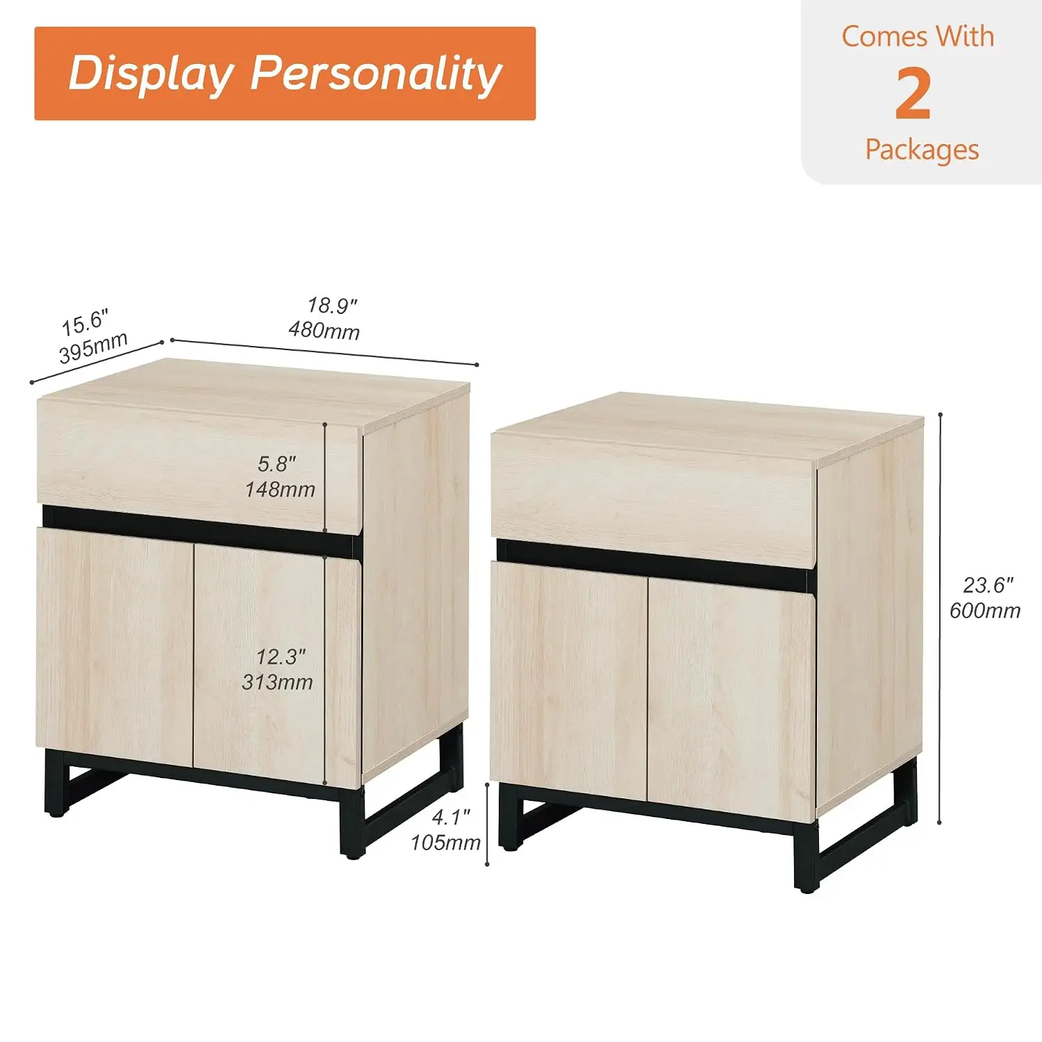 2-Pack Nightstand with Drawer & Storage Cabinet, Beige, Customized