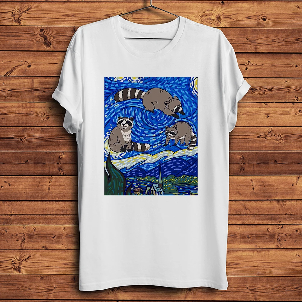 Raccoon Starry Night Racoon Van Gogh Funny Artistic Tshirt Men White Casual Short T Shirt Homme Unisex Streetwear Tee