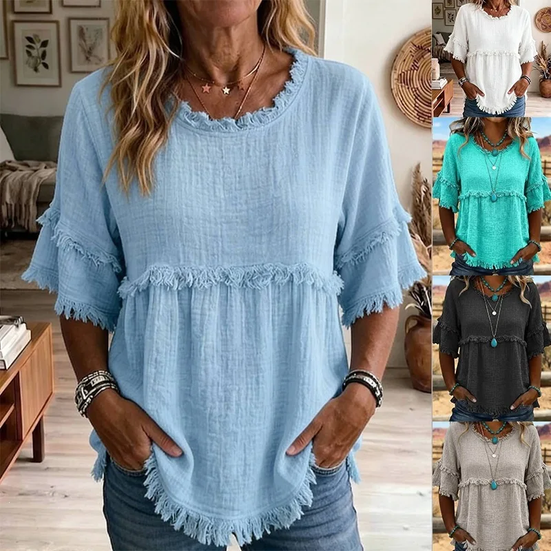 2026 New Circular Neck Pullover Short Sleeve Loose-fit Women's Shirt Random Women's Top Summer Dresses 2026 Y2k、 Midi Clothes