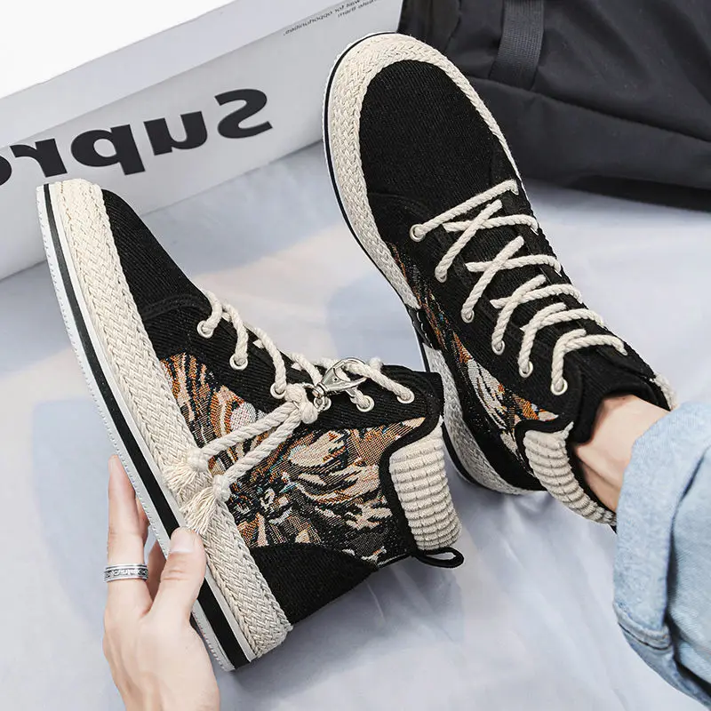 

Лесная картина маслом и искусство Ретро мужские высокие парусиновые туфли на шнуровке весна осень новая толстая подошва увеличивающая рост молодежное издание