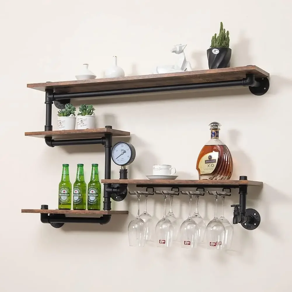 Pipe Shelves Wine Rack Wall Mounted with 4 Stem Glass Holder,Bar Shelves 39in Metal Hanging Wine Rack, Rustic Floatin