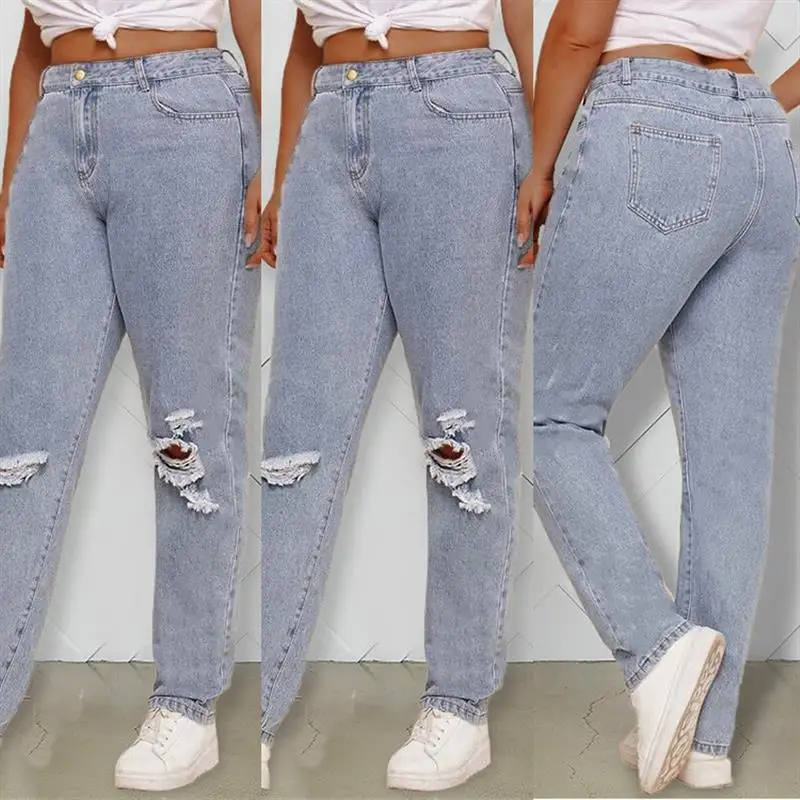 New DZT004 Women's plus Size Denim Jeans High Waist Straight Leg Long Pants Tear Hole Design for eBay Wish Cross-Border