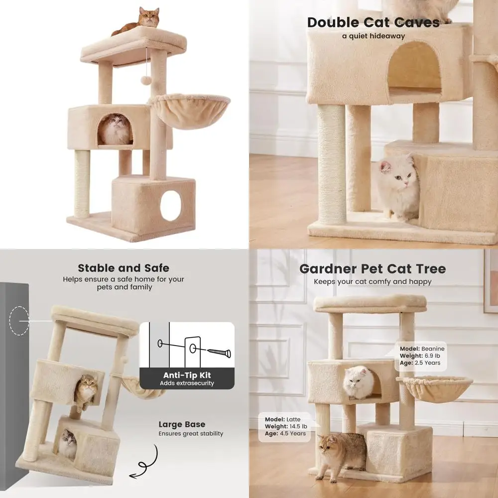 

Высокая (41 дюйм) прочная кошачья башня с опорами 2,8 дюйма и моющимися лежанками для средних и крупных кошек