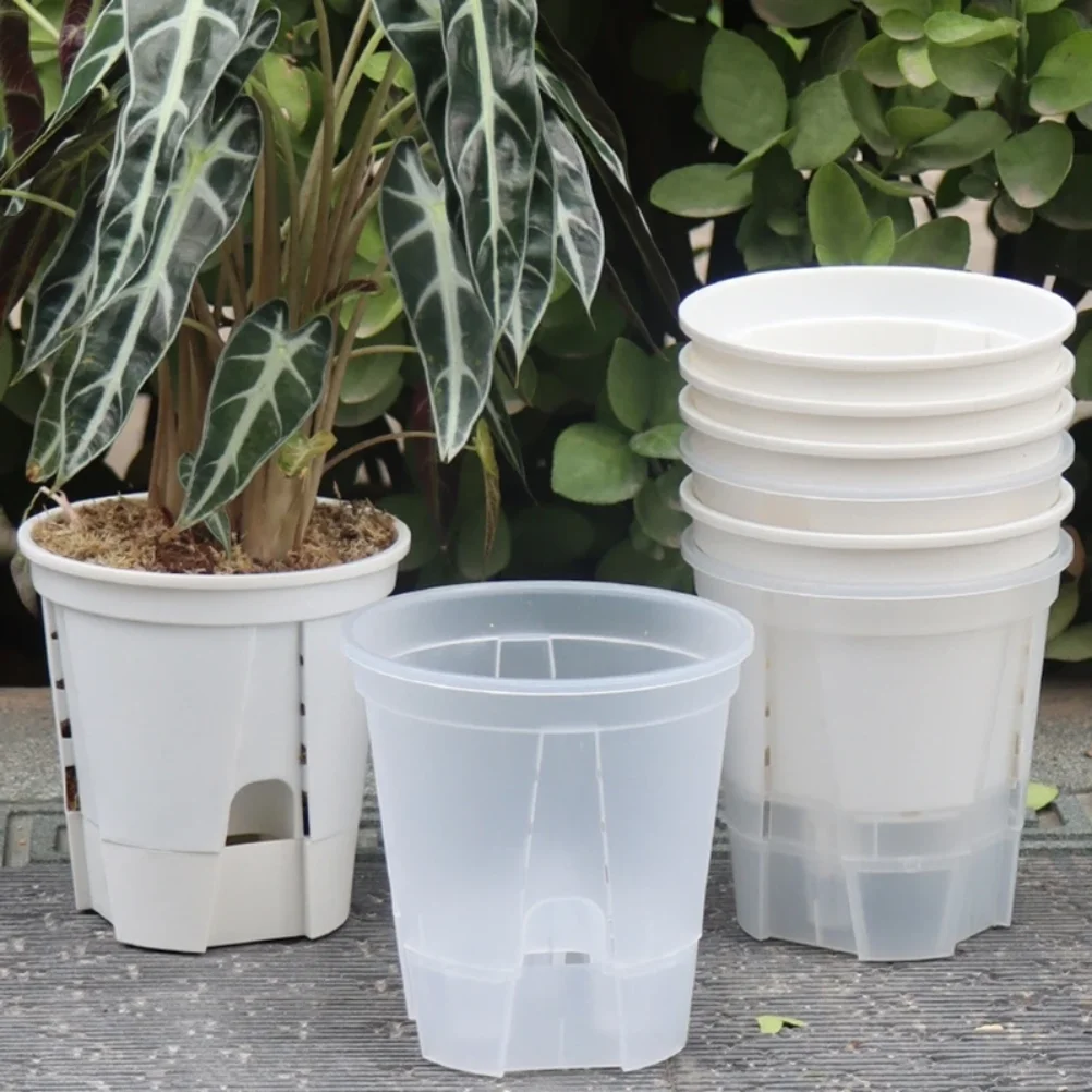 Transparent Self Watering Plant Pots Plastic Flowerpot Planter with Drainage Holes for Indoor Outdoor Plants Home Garden Decor