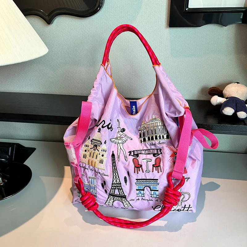 Bolso de hombro con bordado de dibujos animados para mujer, bolso de mano de torre de hierro grande, bolsos ecológicos de diseñador, bolsos de nailon para compras de reciclaje