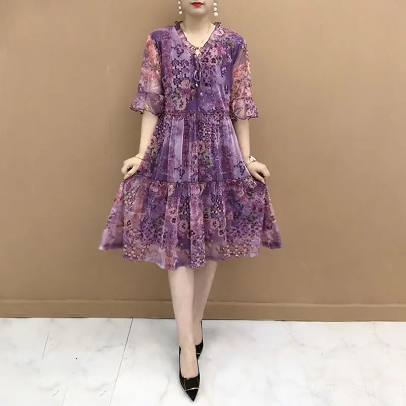 Summer Broken Flowers Printed Dresses Vintage Elegant V-Neck Female Clothing A-Line Stylish Drawstring Spliced Loose Midi Dress