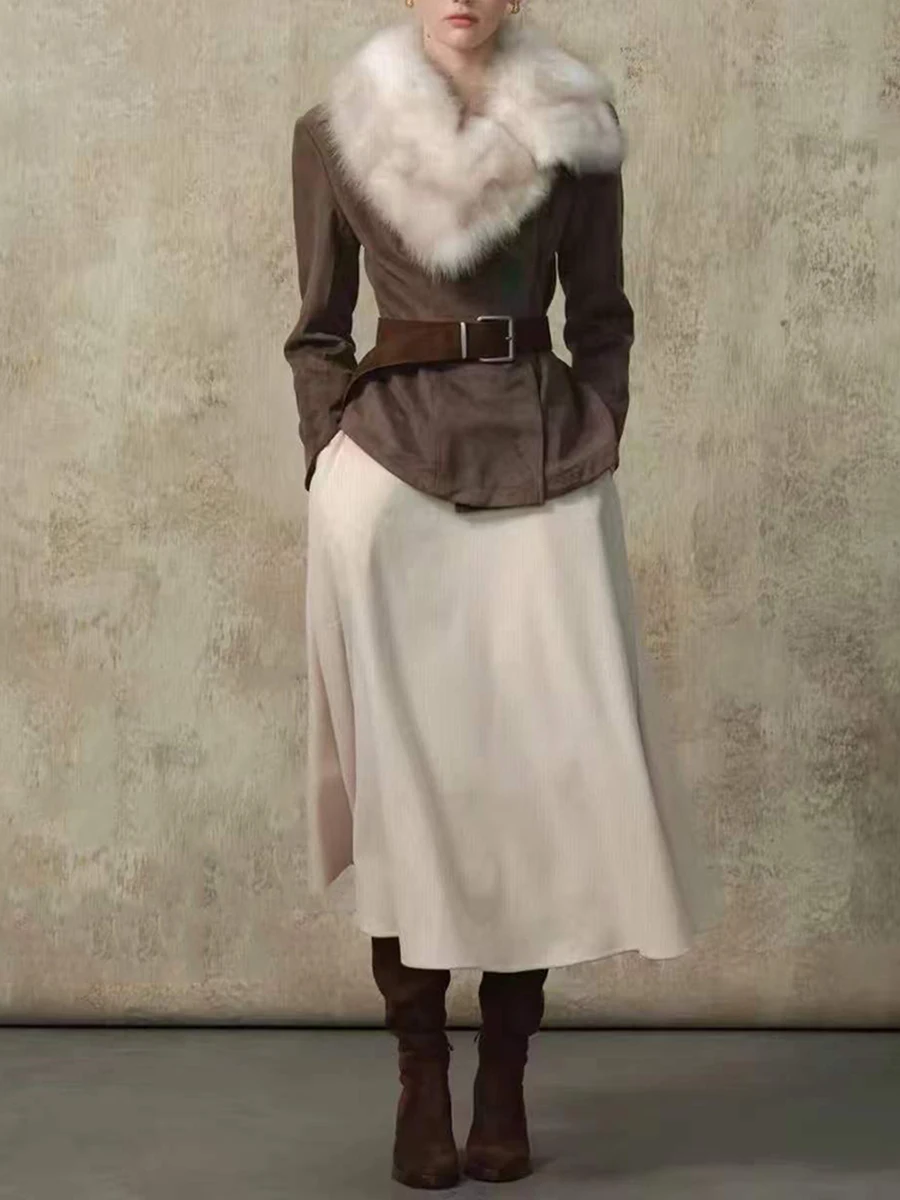 TWOTWINSTYLE Colorblock Spliced Fluffy Slimming Coat for Women Lapel Collar Long Sleeve Patchwork Button Jacket Female Fashion