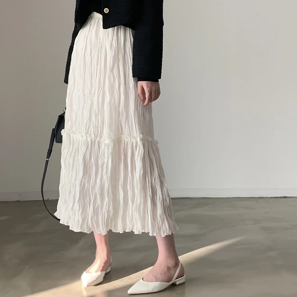 Chic High Waist Midi Skirt Women's Pleated Texture Chiffon Skirt Loose Fit Early Autumn Fashion Korean Style Breathable Skin-...