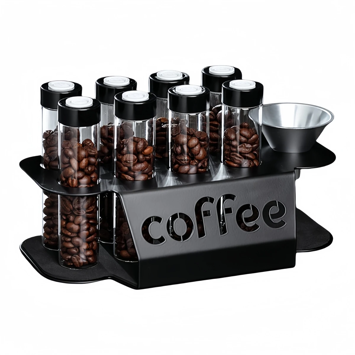Coffee Bean Storage Solution with 8 Airtight Glass Tubes Metal Holder Stand and Funnel for Fresh Coffee Preservation