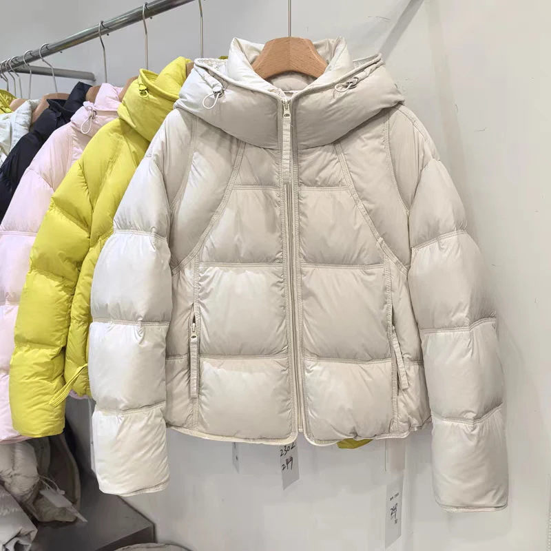 Winter Puff Hooded Short Down Jacket Female Waterproof Zipper Fluffy Jackets Women White Duck Down Warm Thicken Parker Outwears