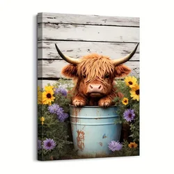 1pc Cute Highland Cow Baby In Bucket Canvas Wall Art Funny Animal Bathroom Wall Decor Farmhouse Cow Picture With Colorful Flower
